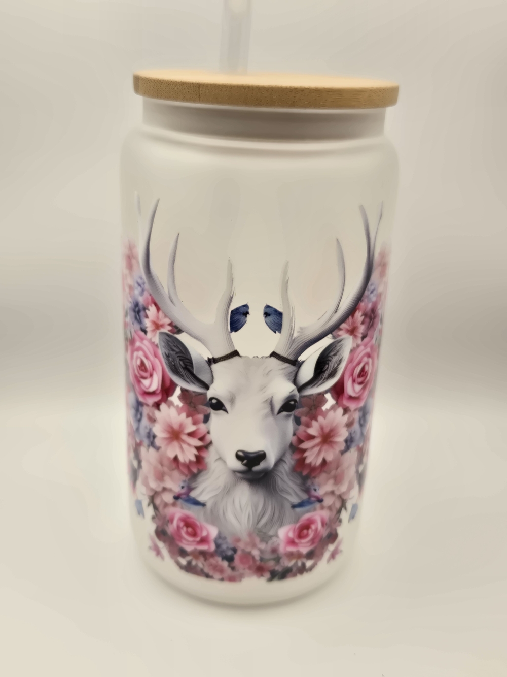 Frosted Glass Deer Floral Canister with Bamboo Lid - Pink Accent